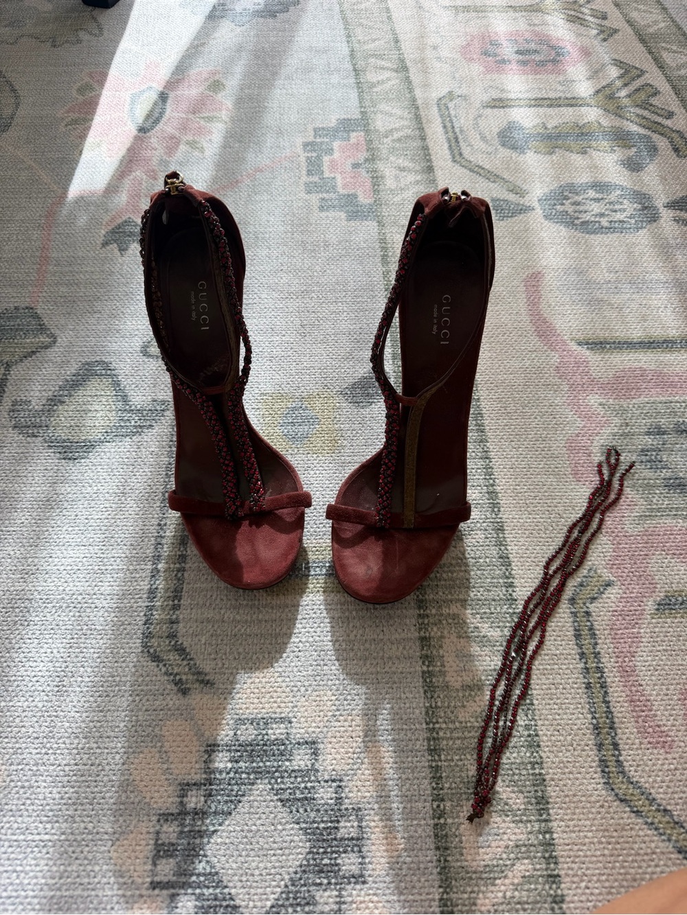 Gucci Burgundy Suede Beaded T-Strap Heels